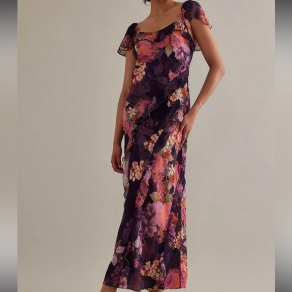 Anthropologie Dresses & Skirts - Kachel Anthropologie Lulu Flutter Sleeve Floral Maxi Slip Dress 6 Small Boho
